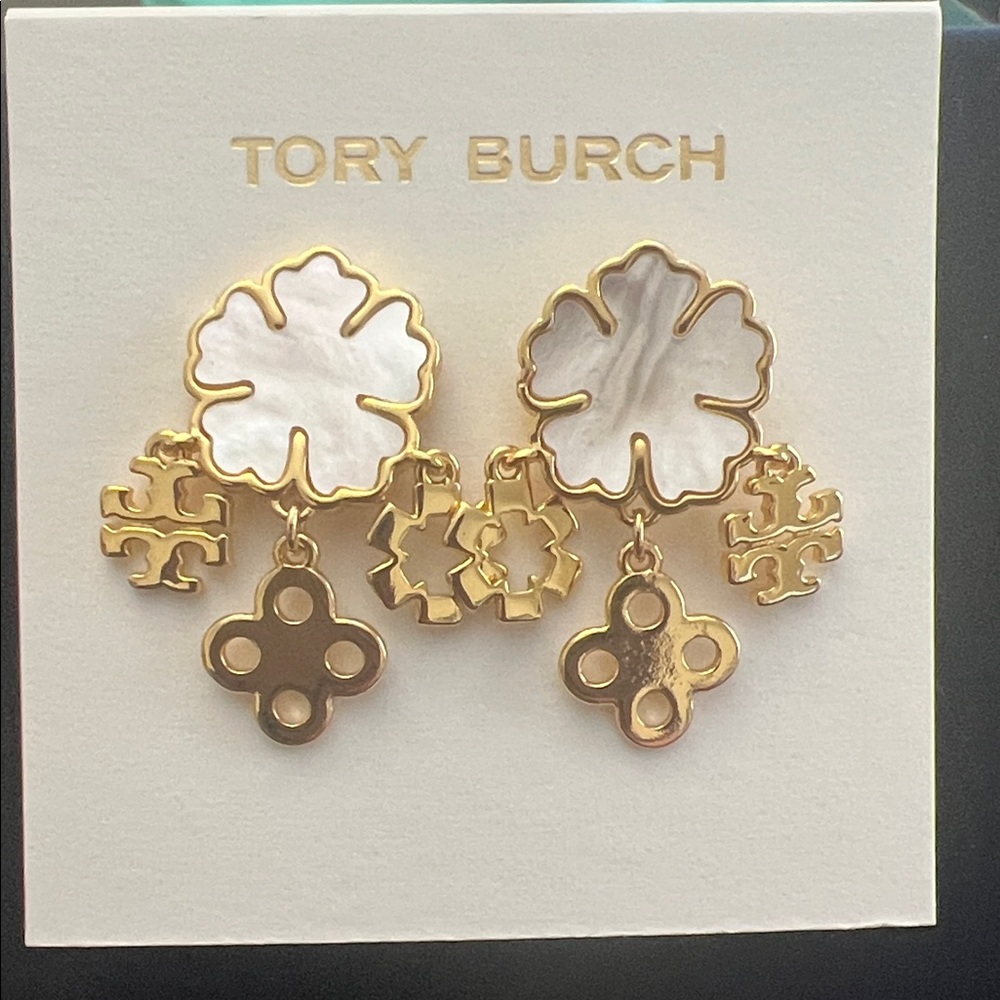 Tory Burch Gold and White Floral Charm Drop Earrings